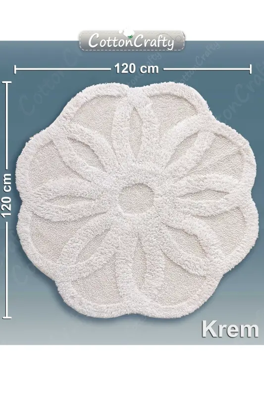 Pamuk Tafting Su Emici Banyo Paspası, Banyo Halısı LOTUS 120x120 CM KREM-Krem - 4