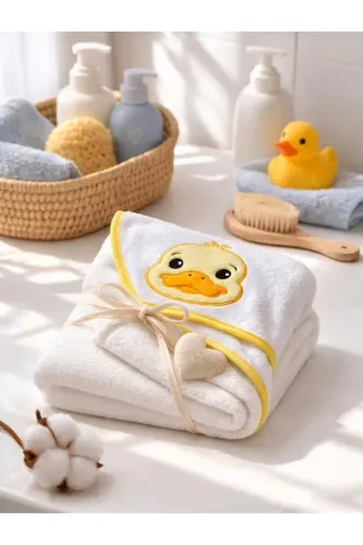 %100 Pamuk Yumuşacık Kız-erkek Yenidoğan/bebek Banyo Kundak Havlusu SARI/ÖRDEK - BEYAZ-SARI - 2