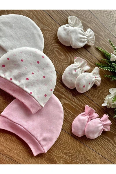 Pamuklu 6'lı Bebek Şapka Eldiven Takım Puan-Pembe - 3