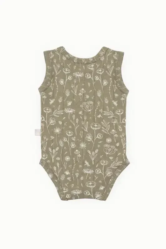 Pamuklu Bebek Çıtçıtlı Atlet Bahar Çiçekli Haki-Yeşil - 4