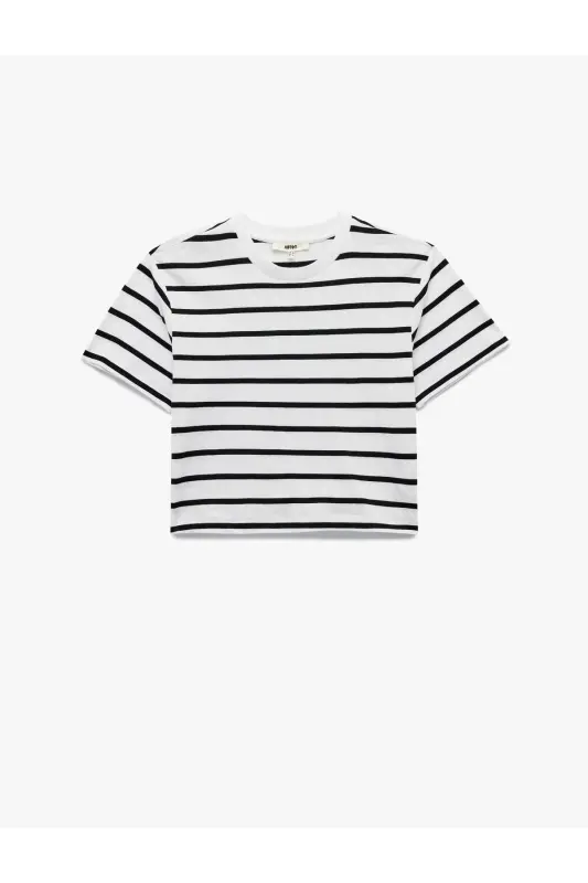 Pamuklu Bisiklet Yaka Kısa Kollu Çizgili Tişört-Siyah Çizgili - KOTON