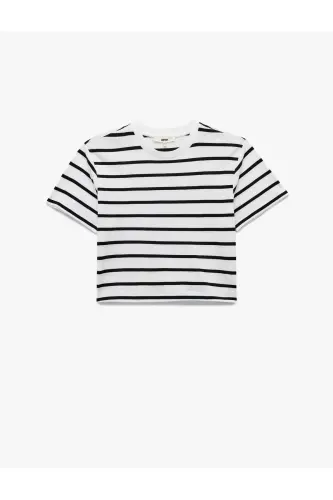 Pamuklu Bisiklet Yaka Kısa Kollu Çizgili Tişört-Siyah Çizgili - 1