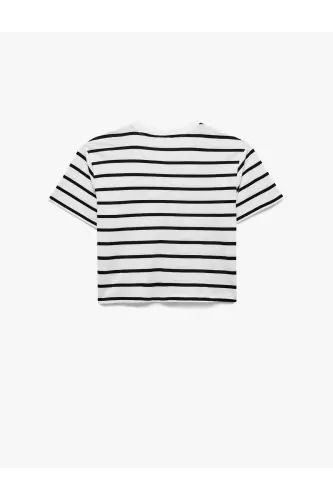 Pamuklu Bisiklet Yaka Kısa Kollu Çizgili Tişört-Siyah Çizgili - 2