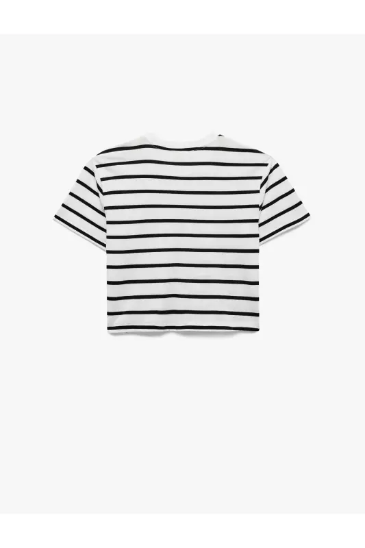 Pamuklu Bisiklet Yaka Kısa Kollu Çizgili Tişört-Siyah Çizgili - 2
