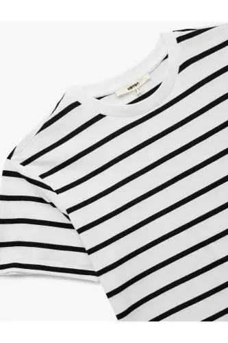 Pamuklu Bisiklet Yaka Kısa Kollu Çizgili Tişört-Siyah Çizgili - 3
