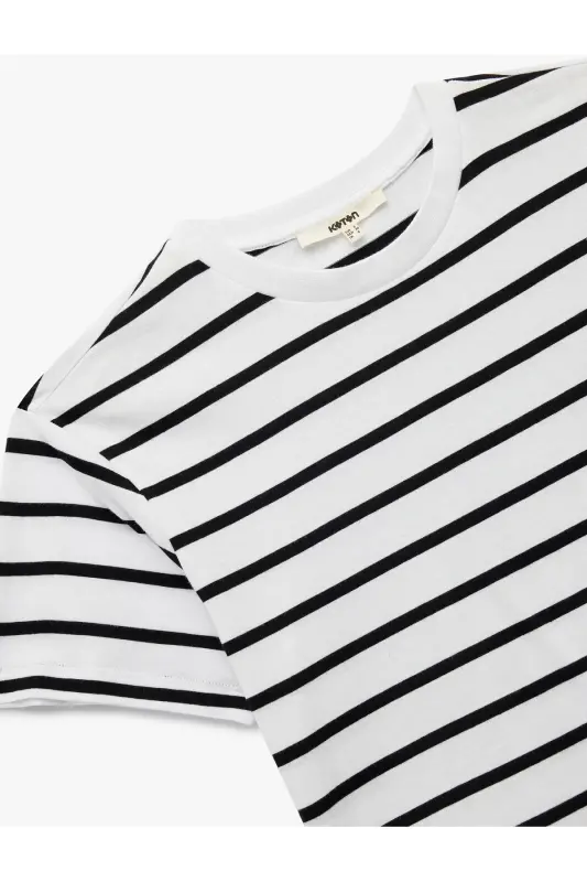Pamuklu Bisiklet Yaka Kısa Kollu Çizgili Tişört-Siyah Çizgili - 3