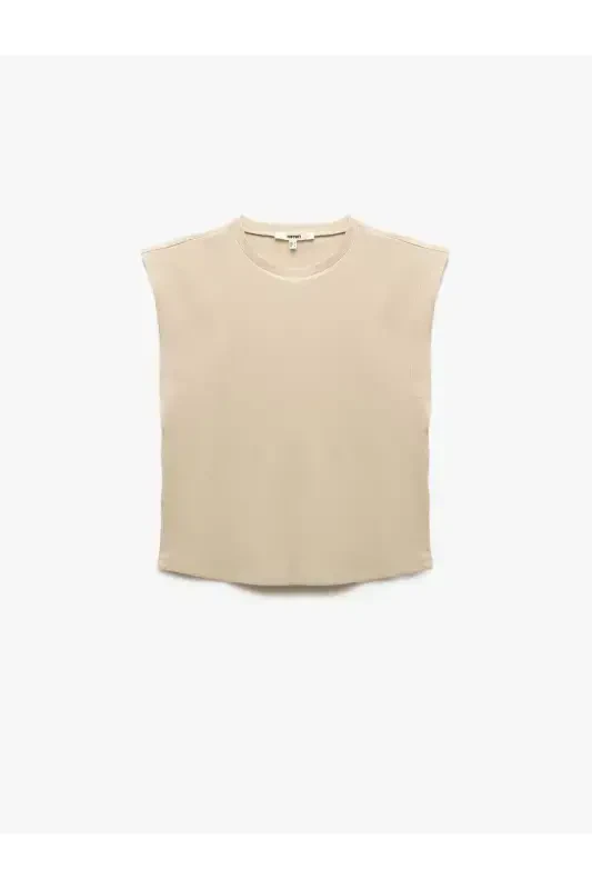 Pamuklu Bisiklet Yaka Kolsuz Basic Tişört-Ekru - 4