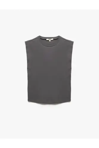 Pamuklu Bisiklet Yaka Kolsuz Basic Tişört - Gri - 3