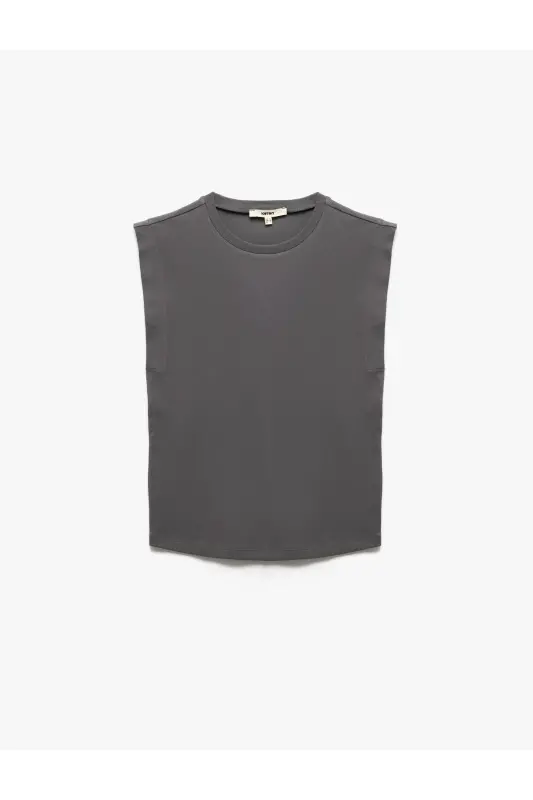 Pamuklu Bisiklet Yaka Kolsuz Basic Tişört - Gri - 3