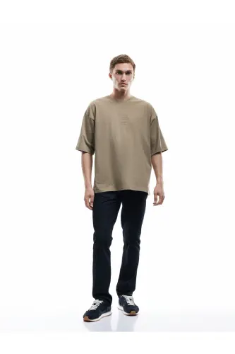 Pamuklu Bisiklet Yaka Tok Kumaş Slogan İşlemeli Kısa Kollu Oversize Tişört-Haki - 2