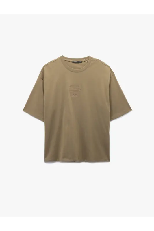 Pamuklu Bisiklet Yaka Tok Kumaş Slogan İşlemeli Kısa Kollu Oversize Tişört-Haki - 3