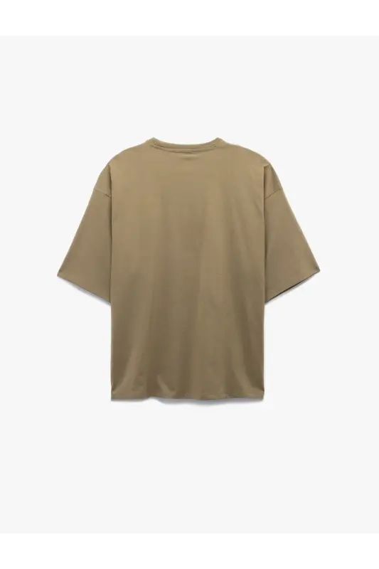 Pamuklu Bisiklet Yaka Tok Kumaş Slogan İşlemeli Kısa Kollu Oversize Tişört-Haki - 4