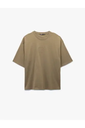 Pamuklu Bisiklet Yaka Tok Kumaş Slogan İşlemeli Kısa Kollu Oversize Tişört-Haki - 3