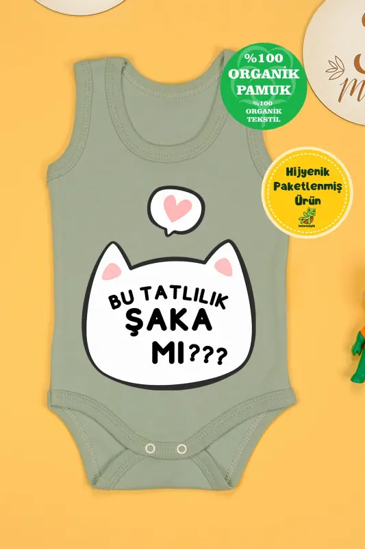 Pamuklu Bu Tatlılık Şaka Mı Baskılı Çıtçıt Body Zıbın-Haki - 1