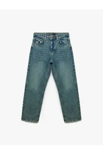Pamuklu Cep Detaylı Bol Baggy Jean Pantolon-İndigo - 1