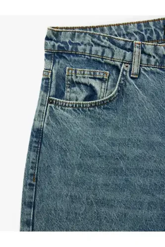 Pamuklu Cep Detaylı Bol Baggy Jean Pantolon-İndigo - 4
