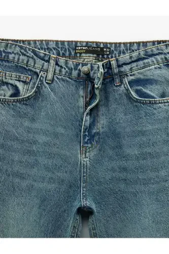 Pamuklu Cep Detaylı Bol Baggy Jean Pantolon-İndigo - 5