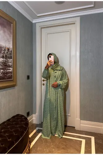 Pamuklu Kumaştan, Çiçek Desenli, Kolay Giyilir ve Pratik, Tek Parça Namaz Elbisesi - Yeşil - 5