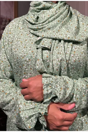 Pamuklu Kumaştan, Çiçek Desenli, Kolay Giyilir ve Pratik, Tek Parça Namaz Elbisesi - Yeşil - 7