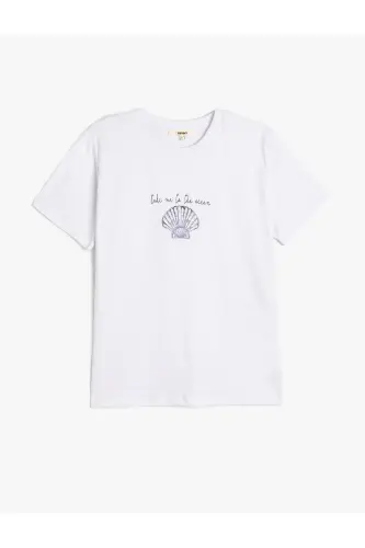 Pamuklu Deniz Kabuğu Baskılı Beyaz Kadın T-Shirt 5SAK50127EK - Beyaz - 1
