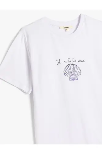 Pamuklu Deniz Kabuğu Baskılı Beyaz Kadın T-Shirt 5SAK50127EK - Beyaz - 3