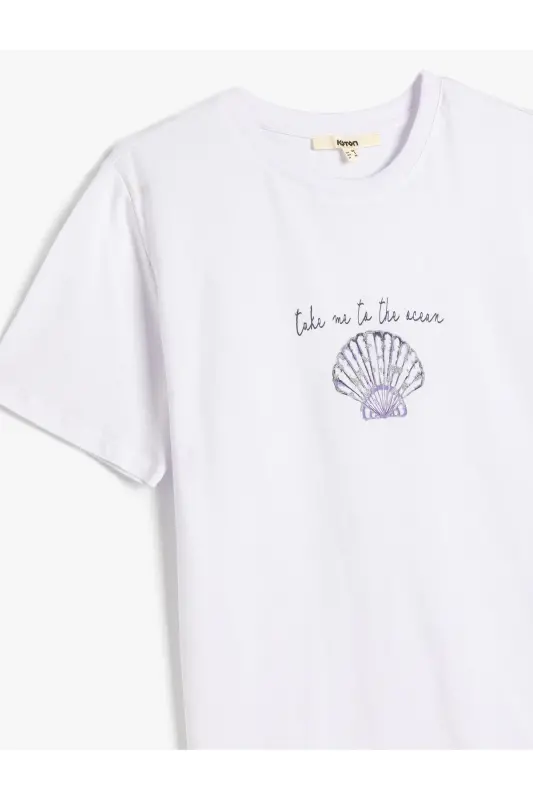 Pamuklu Deniz Kabuğu Baskılı Beyaz Kadın T-Shirt 5SAK50127EK - Beyaz - 3