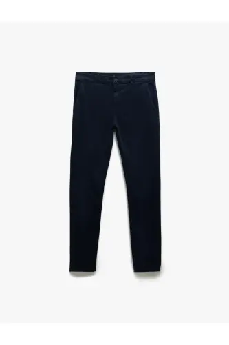Pamuklu Düğmeli Chino Cep Detaylı Slim Fit Pantolon - Lacivert - 3