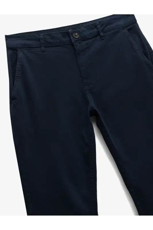 Pamuklu Düğmeli Chino Cep Detaylı Slim Fit Pantolon - Lacivert - 5