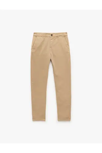 Pamuklu Düğmeli Chino Cep Detaylı Slim Fit Pantolon-Bej - 3