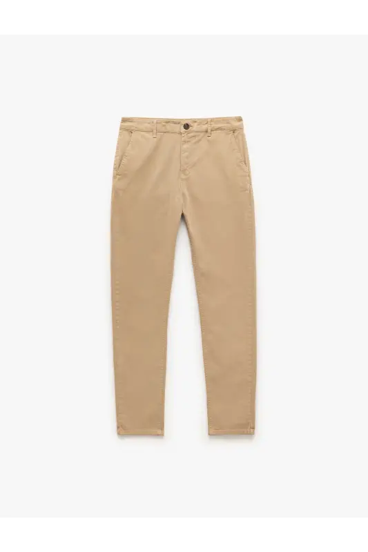 Pamuklu Düğmeli Chino Cep Detaylı Slim Fit Pantolon-Bej - 3