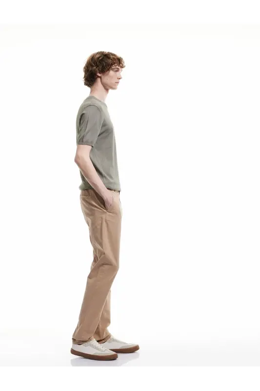 Pamuklu Düğmeli Chino Cep Detaylı Slim Fit Pantolon - Bej - KOTON