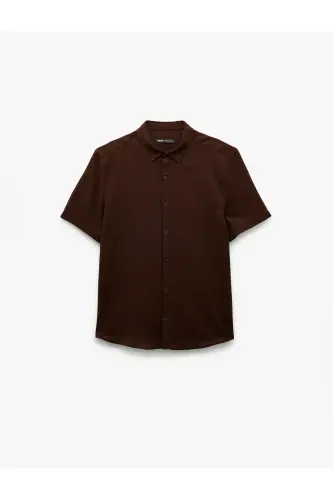 Pamuklu Düğmeli Regular Fit Kısa Kollu Gömlek-Koyu Kahve - 3