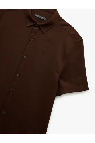 Pamuklu Düğmeli Regular Fit Kısa Kollu Gömlek-Koyu Kahve - 4