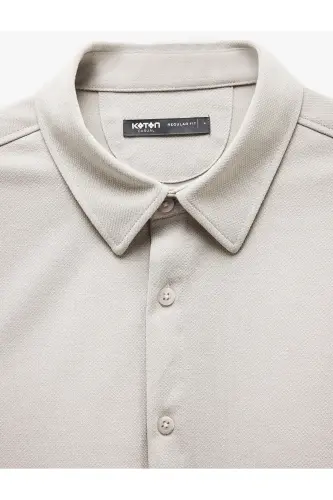 Pamuklu Düğmeli Regular Fit Pike Kumaş Uzun Kollu Gömlek-Gri - 5