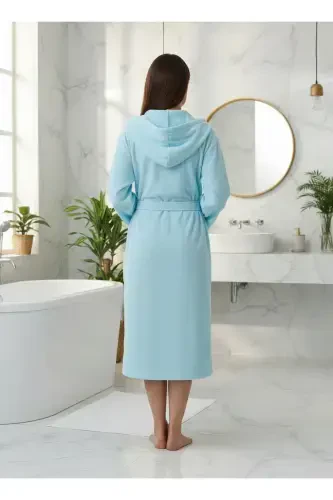 Pamuklu Kadife Kapüşonlu Unisex Mint Bornoz-Mint - 5