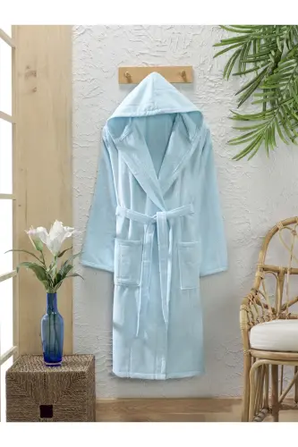 Pamuklu Kadife Kapüşonlu Unisex Mint Bornoz - Mint 