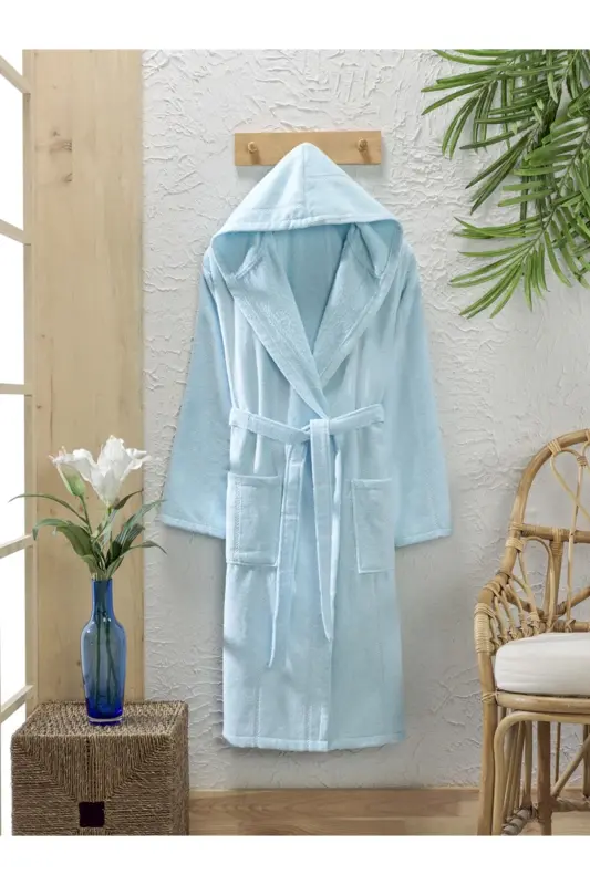 Pamuklu Kadife Kapüşonlu Unisex Mint Bornoz - Mint - 1