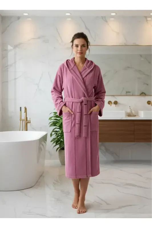 Pamuklu Kadife Kapüşonlu Unisex Mürdüm Bornoz-mürdüm - 2