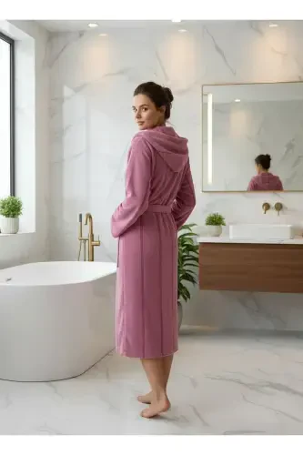 Pamuklu Kadife Kapüşonlu Unisex Mürdüm Bornoz-mürdüm - 3