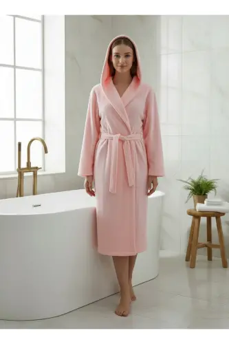 Pamuklu Kadife Kapüşonlu Unisex Pudra Bornoz - Pudra 