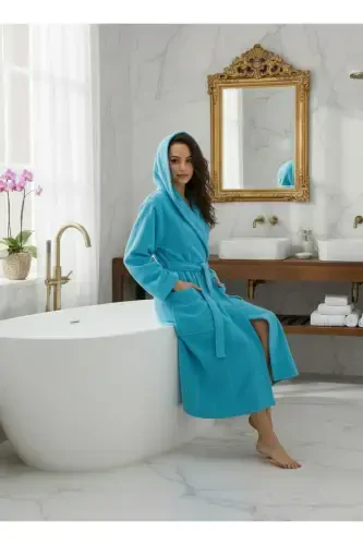 Pamuklu Kadife Kapüşonlu Unisex Turkuaz Bornoz-Turkuaz - 4