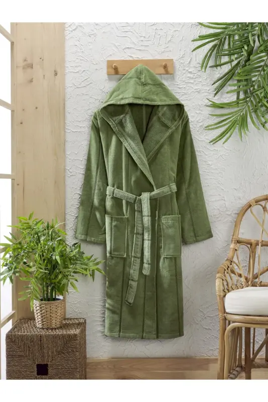 Pamuklu Kadife Kapüşonlu Unisex Yeşil Bornoz - Yeşil - SEMECCA