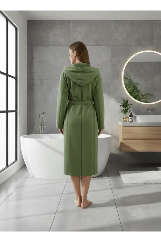 Pamuklu Kadife Kapüşonlu Unisex Yeşil Bornoz - Yeşil - 6