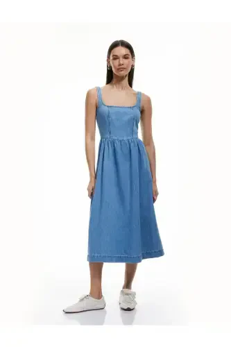 Pamuklu Kalın Askılı Fermuarlı Kare Yaka Denim Midi Elbise - Koton (1)