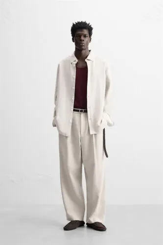 PAMUKLU KETEN GÖMLEK-Açık bej - 1