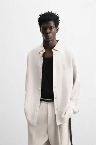 PAMUKLU KETEN GÖMLEK-Açık bej - 2