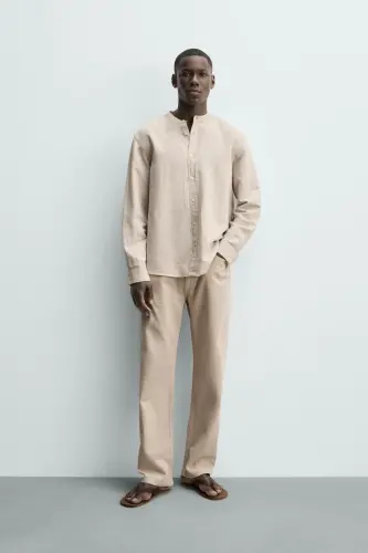 PAMUKLU KETEN GÖMLEK-Açık bej - 7