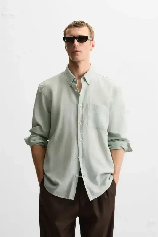 PAMUKLU KETEN GÖMLEK-Deniz yeşili - 4