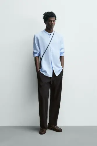 PAMUKLU KETEN GÖMLEK-Gök mavisi 