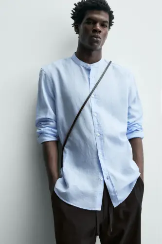 PAMUKLU KETEN GÖMLEK-Gök mavisi - 5